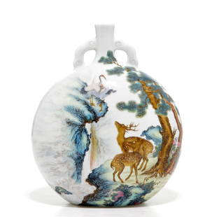 Superb Imperial Chinese Famille Rose 'Deer' Vase: Of impressively large size, superbly potted with a plump round body surmounted by a tall neck, with two elegant ruyi-cloud shaped handles joining the neck and shoulder, painted in a free and painterly