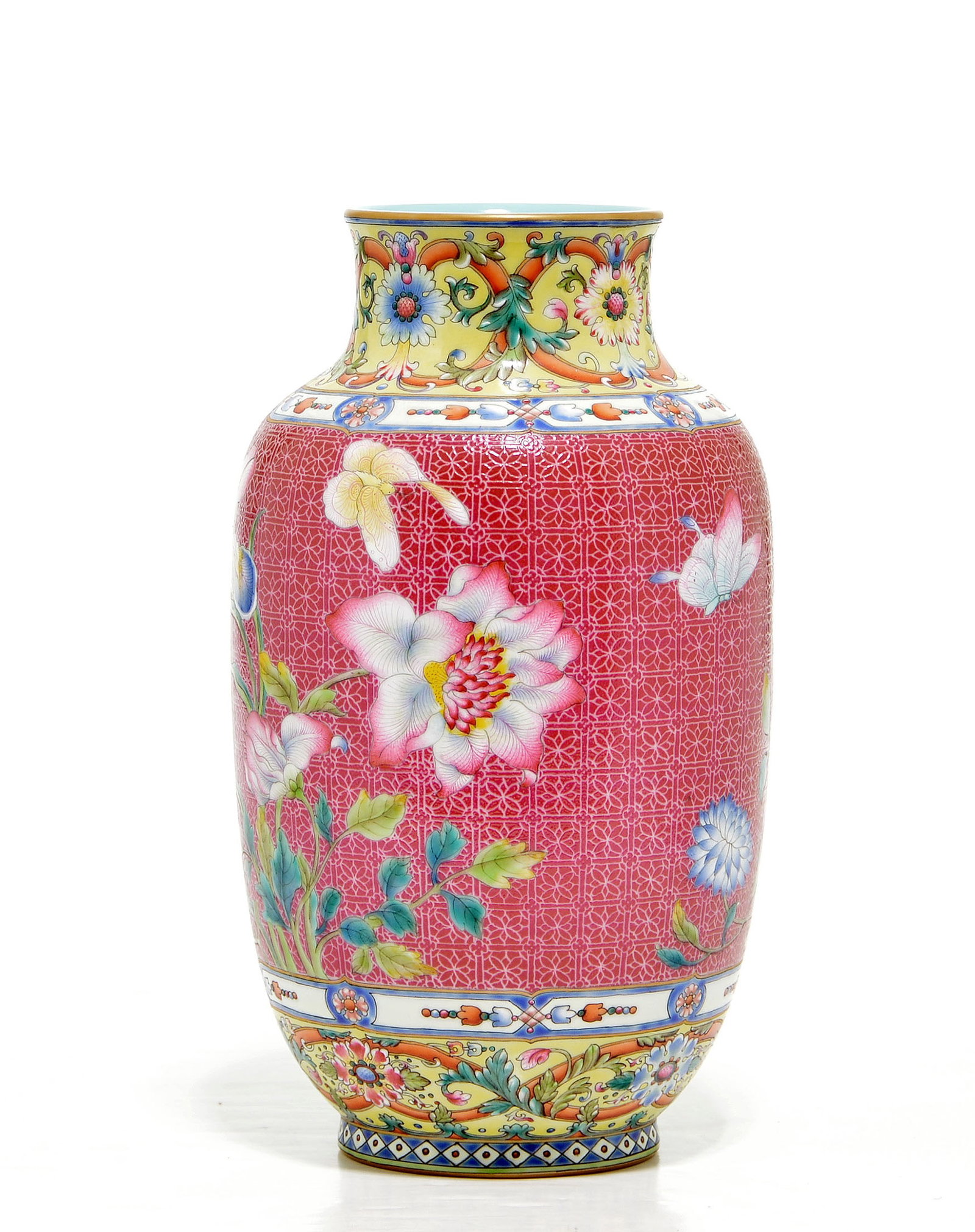 Chinese Imperial-Style Famille Rose Vase: Decorated with various flower blossoms and butterflies on a pink enamel ground, all between bands of baroque style ribbons amidst leafy scrolls and flowers, Qianlong mark. H: 25 cm, 9 1/2 in