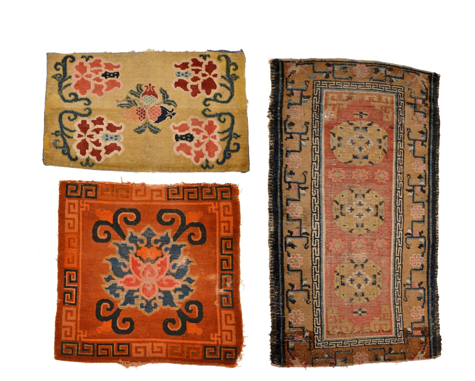 Group of Chinese-Tibetan Prayer Rugs: Qing dynasty. 54 cm x 90 cm, 84 X 84 cm, 136 x 78 cm