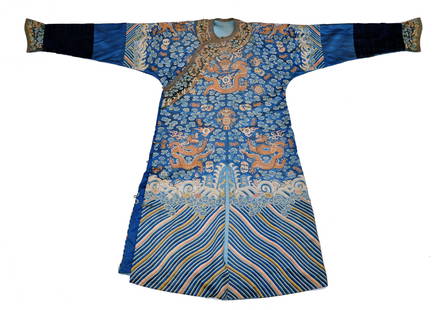 Large Chinese Silk Embrodery Dragon Robe: Qing dynasty. W: 224 CM, 88 INProvenance: Important private collection, Dallas, Texas. Lot 22782, 22787,22792, 22793, 22794,