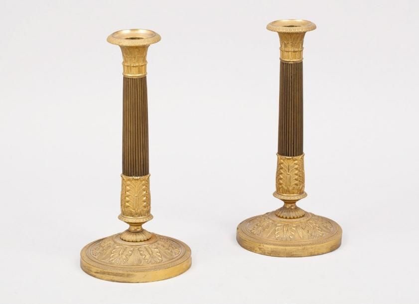Pair of Bronze Candlesticks: 19th century. H: 22 cm