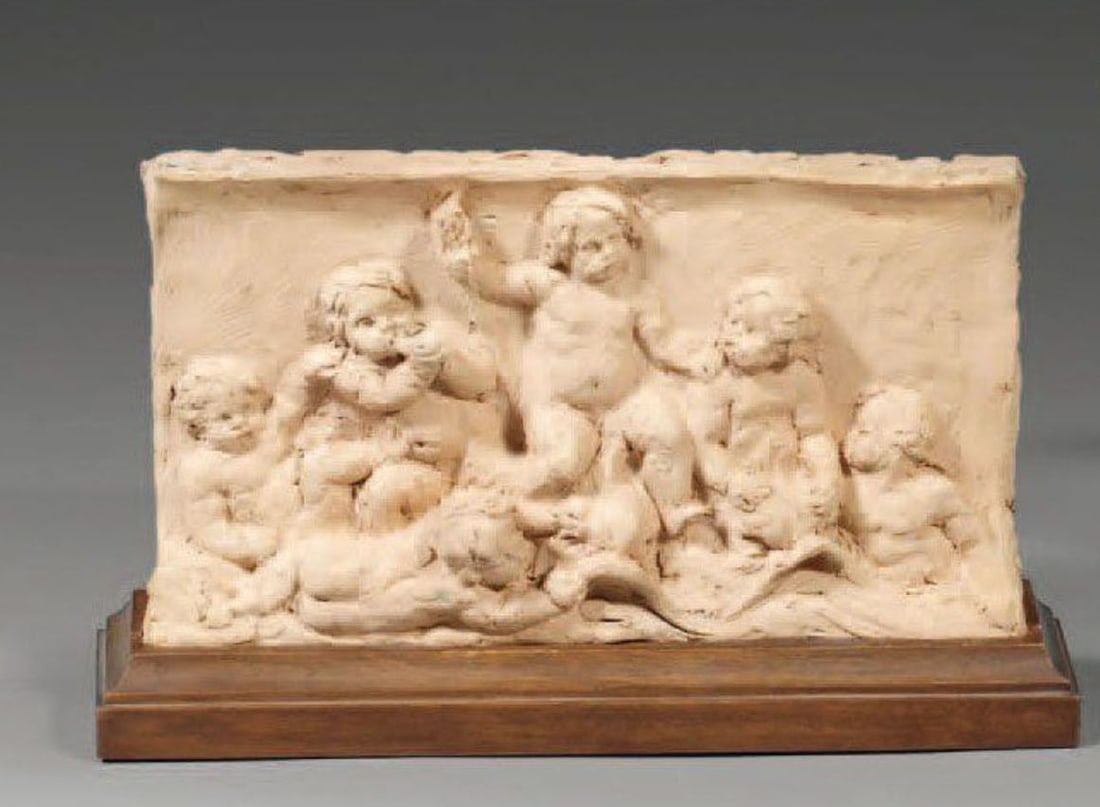Terracotta Table Stand: Terracotta depicting cupids riding two dolphinsL: 12 cm