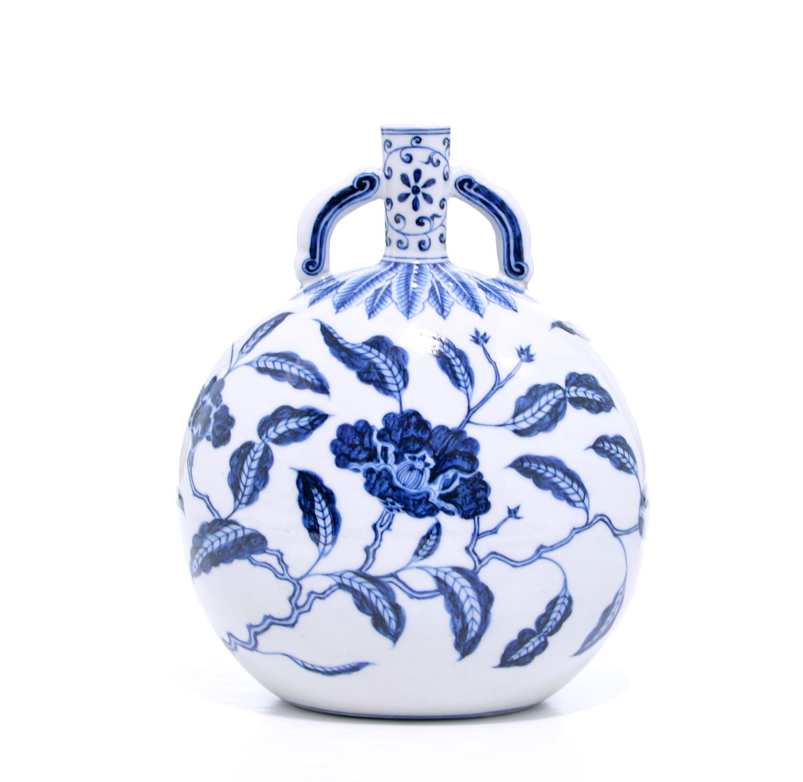 Blue and White 'Peony' Moonflask Vase: Features a flattened globular body elegantly decorated in underglaze blue with a 15th-century Ming-style, central, scrolling peony stem on each side, characterized by the rich cobalt tones and two