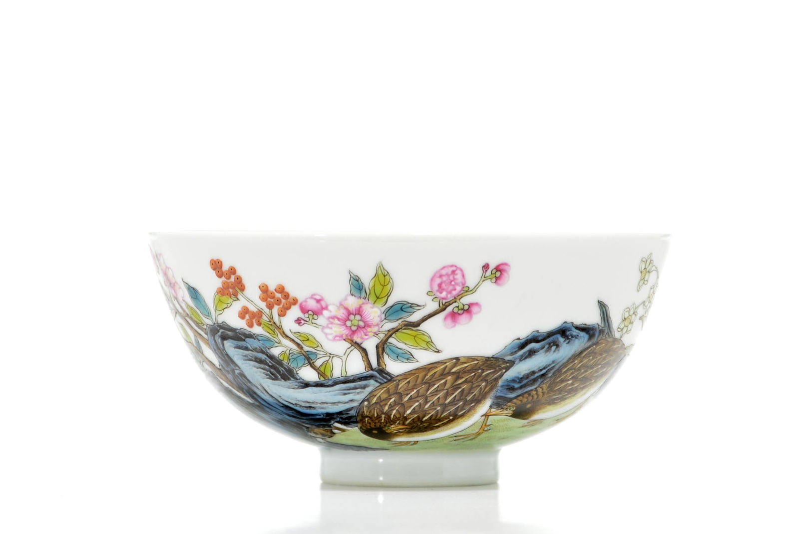 Chinese Falangcai-Style 'Quail' Bowl: Decorated with a continuous scene of a pair of quails foraging among rocks and blooming peonies in bright enamels, Yongzheng mark on baseD: 12.5 CM, 4 3/4 INPrivate collection of an important estate,