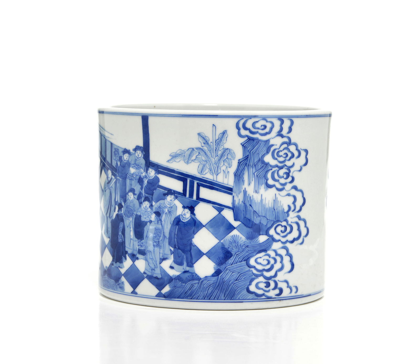 Chinese Kangxi Blue and White Brush Pot: Decorated with a continuous scene depicting gathering of scholars , Kangxi mark on base. D: 19.5 CM, 7 3/4 IN