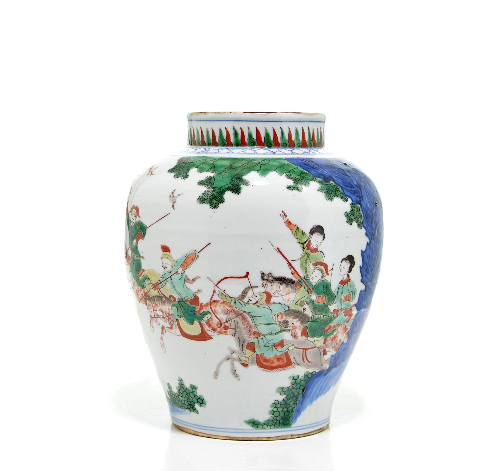 Chinese Transitional Period 'Hunting' Vase: Sturdily potted vase depicting a hunting scene on bright enamels17th century. H: 31cm, 12 INPrivate collection of an important estate, Dallas, Texas.Lot 22972, 22976, 22979, 22981, 22983, 22989,