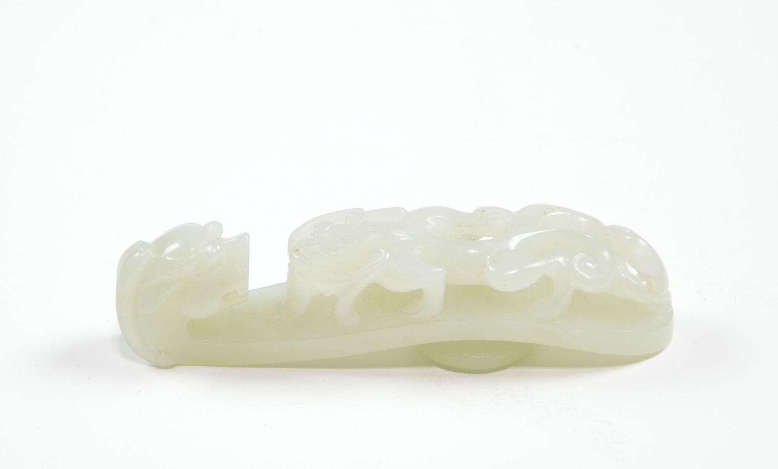 Chinese Jade Dragon Belt Buckle: Masterfully carved from a high-quality, translucent stone with a smooth, lustrous polish. It features a traditional dragon-head hook facing a smaller, high-relief crawling dragon on the main body, a