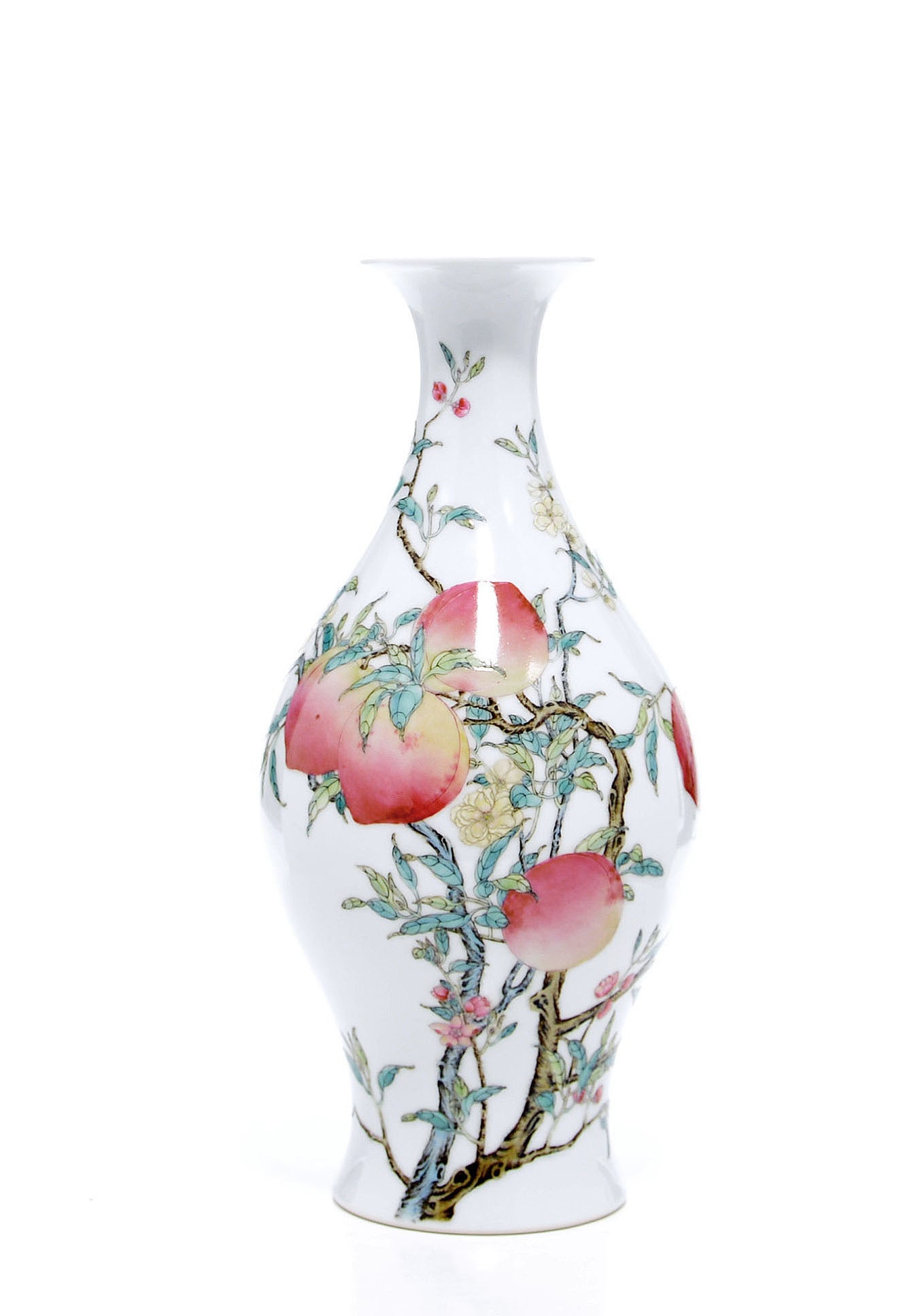 A Magnificent Chinese 'Famille Rose' 'Eight-Peaches' Olive Vase: The vase is of a refined olive shape, the body exquisitely enameled with a gnarled branch that starts at the foot and winds around the exterior. The branch is laden with eight large peaches in varying
