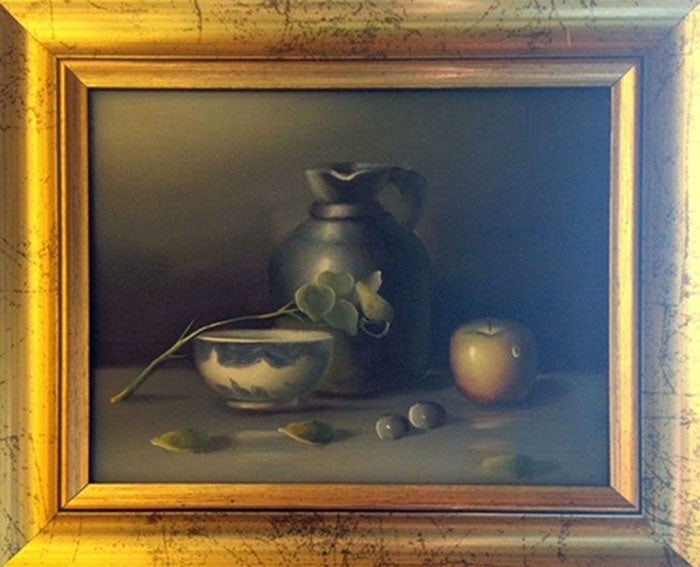 Still Life with Ceramic Vessels: Framed still life painting depicting a ceramic jug H: 29 CM