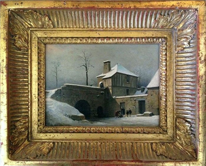 A Winter Landscape with Figures: Painting depicting a snowy scene with a stone bridge and buildings. H: 22 CM
