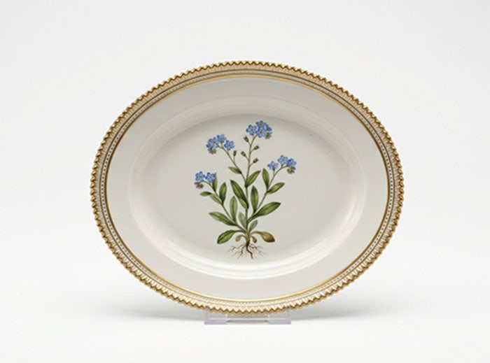 Royal Copenhagen Flora Danica Dish: Oval ceramic dish featuring a central illustration of a plant with blue flowers and green leaves. Scalloped edges are finished with a brass trim that continues as a thin line around the inner rim.