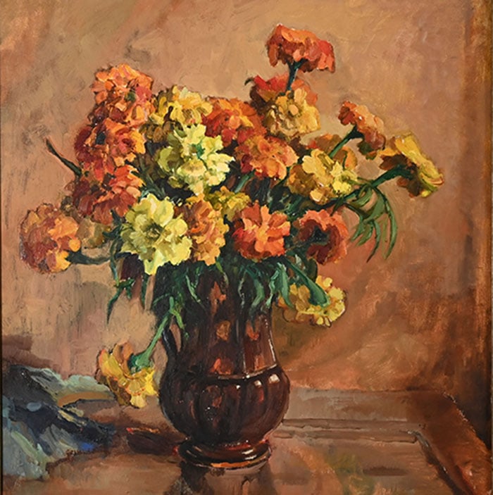 Still Life with Marigolds: Oil painting on canvas showing yellow and orange flowers arranged in a dark brown ceramic pitcher. H: 22 CM