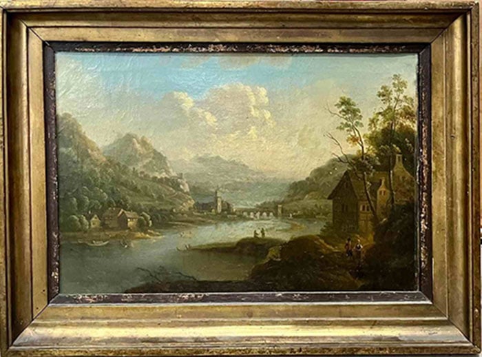 River Landscape: Landscape painting depicts a river scene with mountains, buildings, and a bridge under a cloudy sky. H: 25 CM