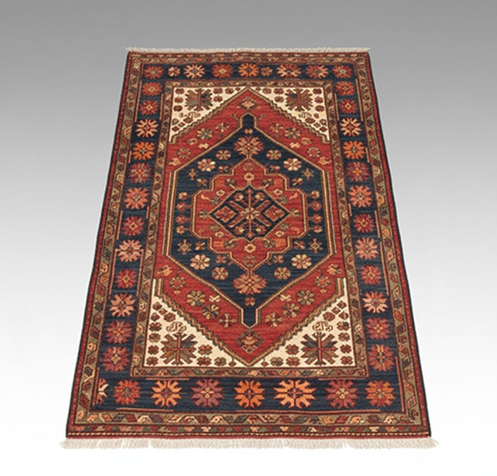 Fine Rug: Rectangular woven carpet featuring a central red and blue geometric medallion. The design includes multiple borders with repeating star and floral motifs in red, blue, and cream. Short white fringes