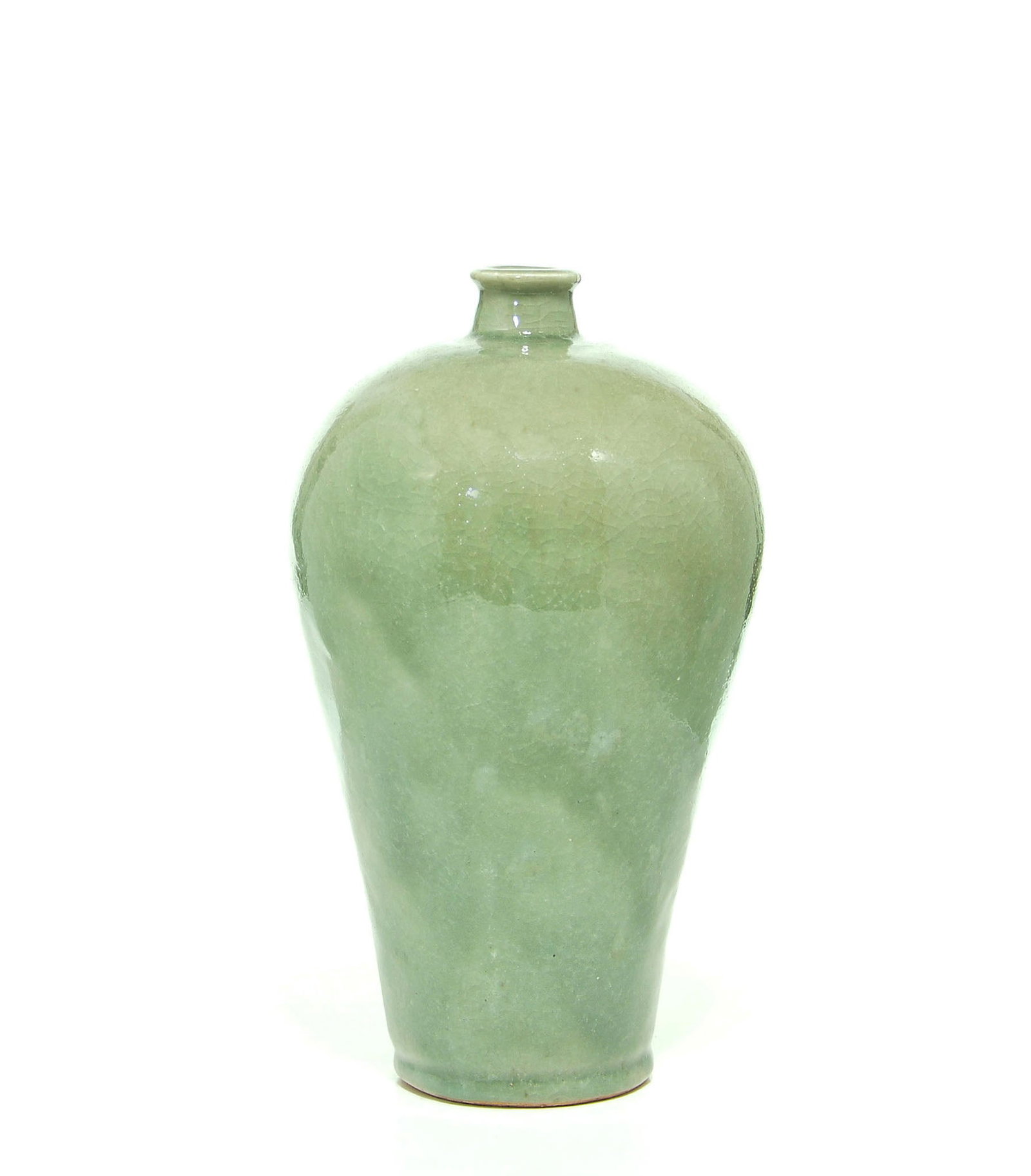Chinese Celadon Glazed Meiping Vase: Meiping vase of elegant proportions, featuring a gracefully tapering body that swells towards rounded shoulders and terminates in a short, waisted neck with a lipped rim. The exterior is enveloped in