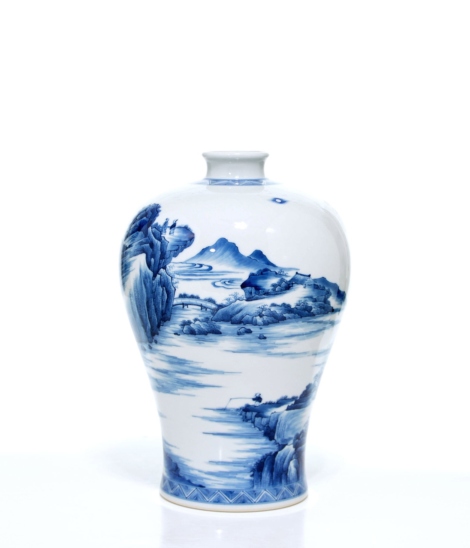 Fine Chinese Blue And White 'Landscape' Vase: Vase of meiping form, masterfully painted with a continuous panoramic landscape scene in vibrant tones of underglaze blue. The composition depicts figures traversing a mountainous terrain and a