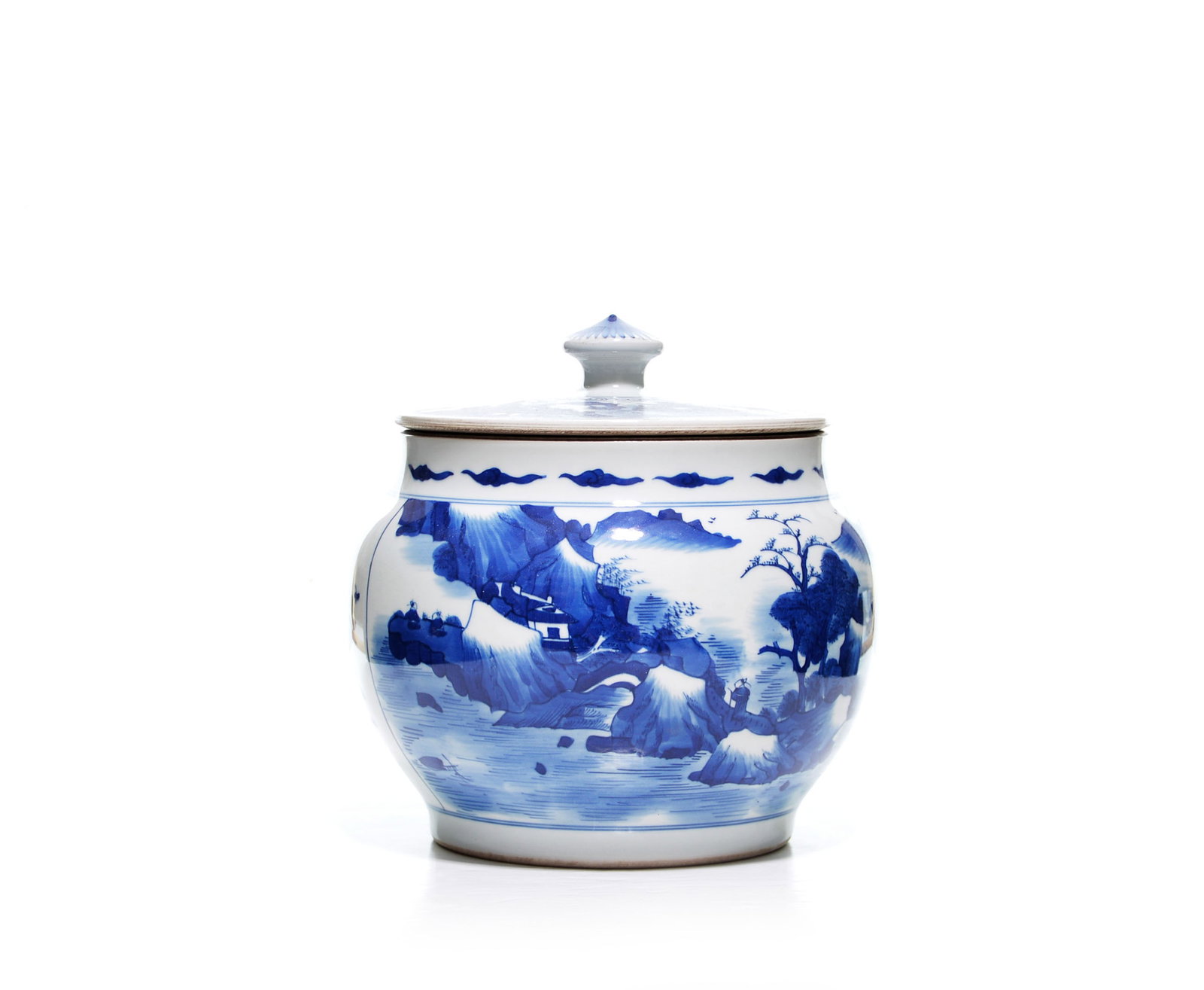 Chinese Kangxi Blue And White Porcelain Jar: Jar of rounded, compressed form decorated in vibrant underglaze cobalt blue with panels of scholars traversing a mountainous riverine landscape. The narrative scenes are interspersed with delicate