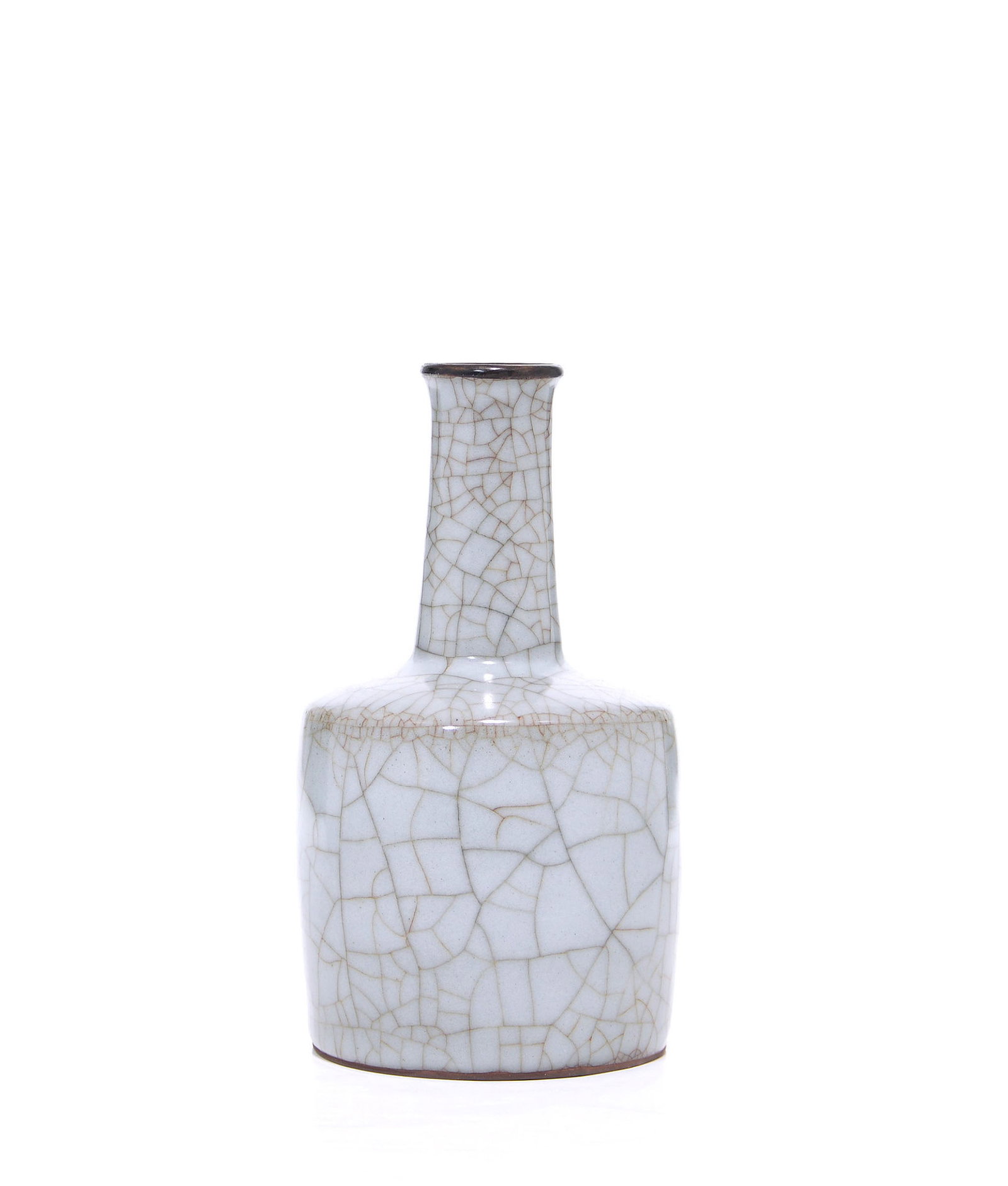 Chinese 'Guan-Type' Mallet Vase: Mallet-form vase of refined proportions, featuring a slender cylindrical neck rising from a broad, flat-shouldered body with straight sides. The vessel is enveloped in a thick, unctuous glaze of pale