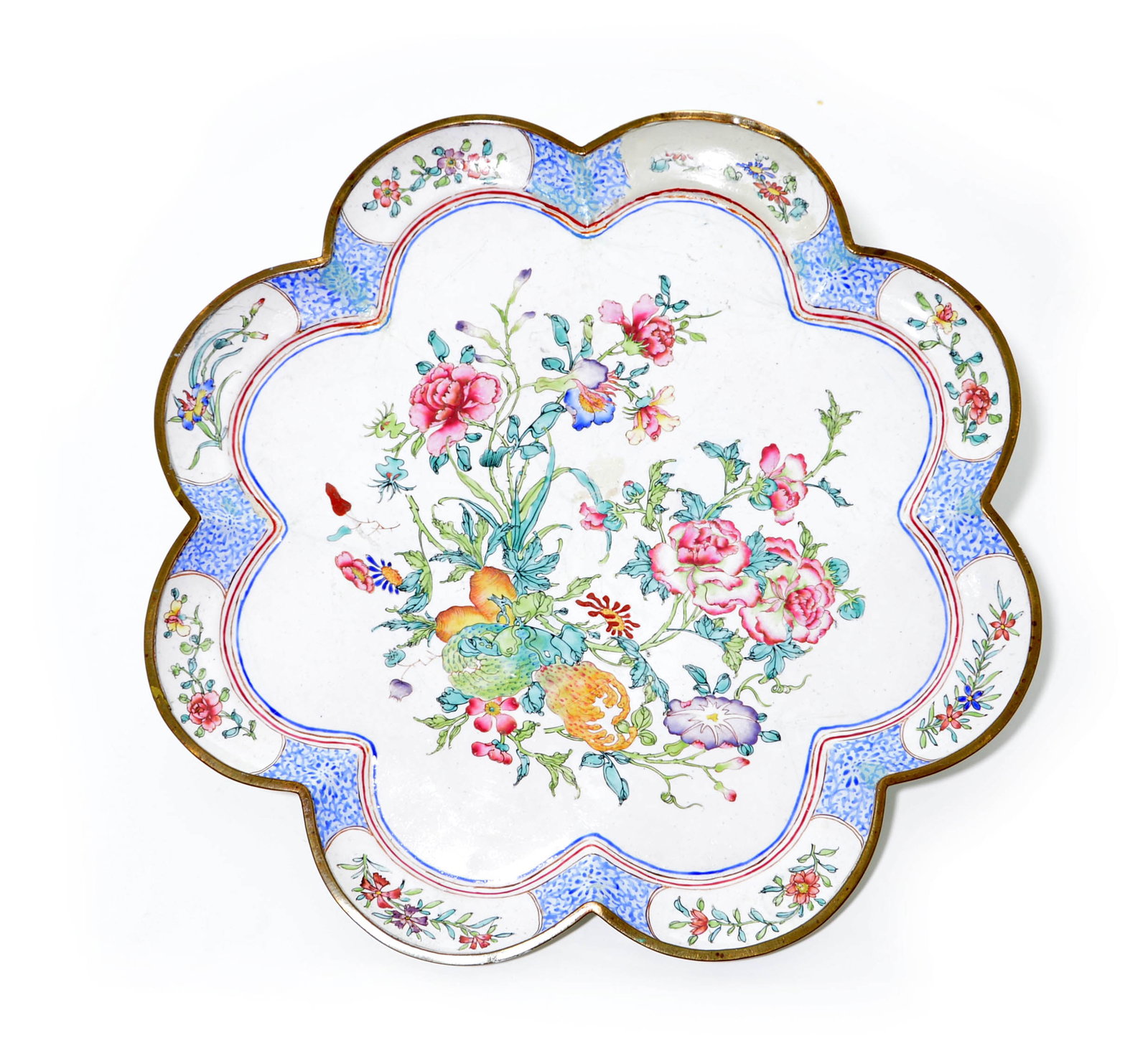 Chinese Canton-Enamel Lobed Dish: Lobed dish of foliated form meticulously decorated in a polychrome palette with a central arrangement of flowering peonies and morning glories. The scalloped rim is punctuated by reserves of delicate