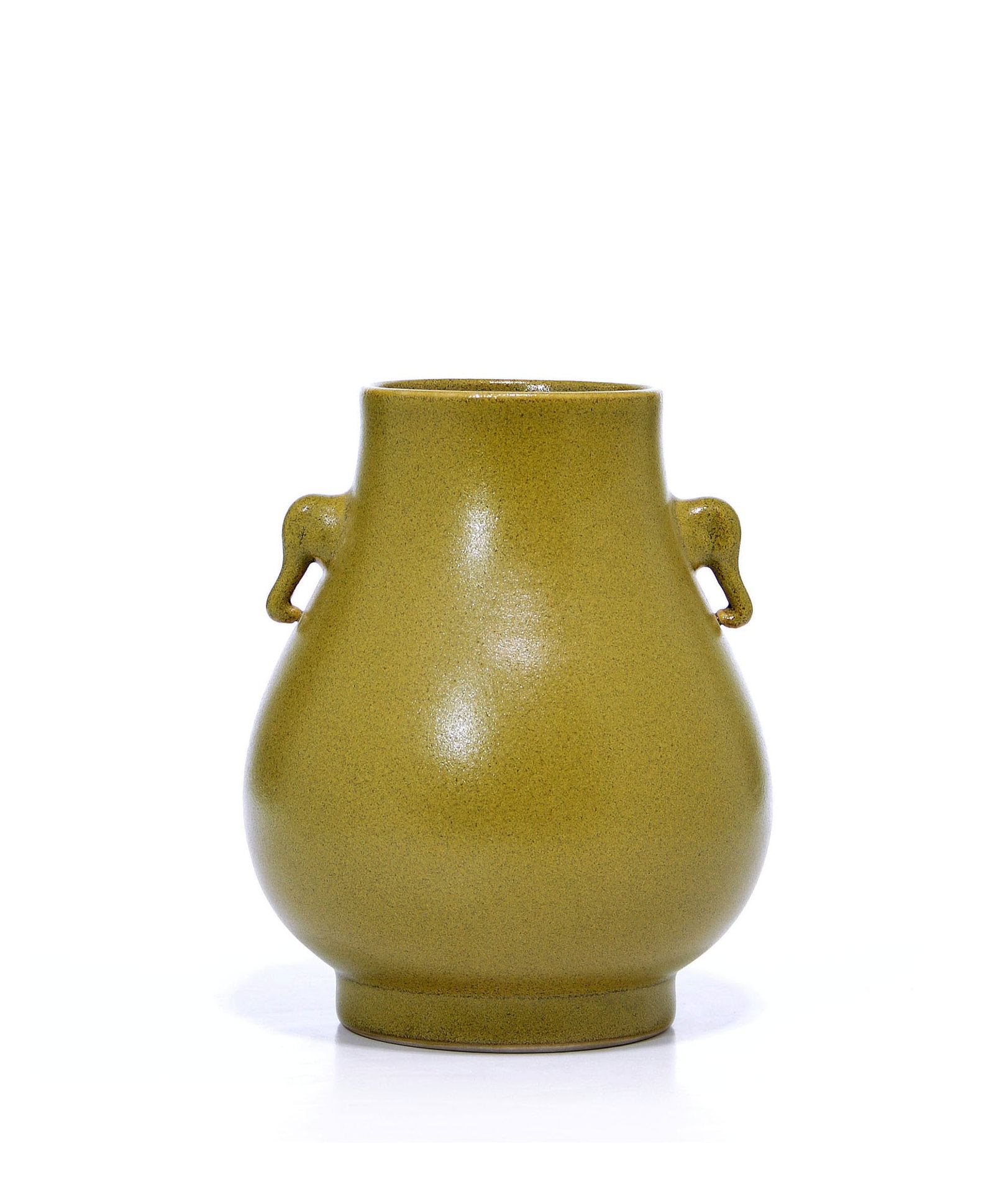 Chinese Tea-Dust Glazed Vase: Vase of elegant pear-shaped form, the robust body rising to a waisted neck and flanked by a pair of stylized zoomorphic handles. The vessel is enveloped in an even tea-dust glaze of rich, olive-green 