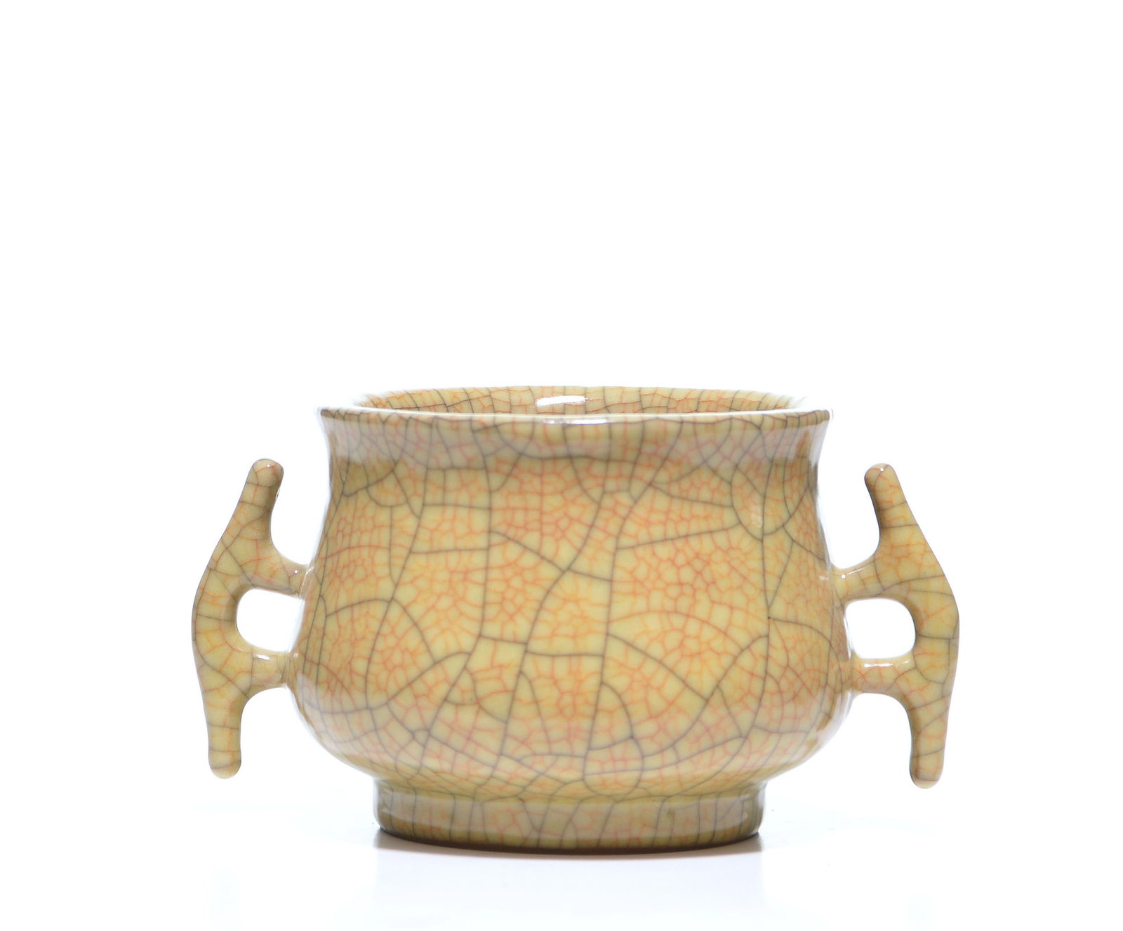 Fine Chinese 'Ge-Type' Crackle Glaze Censer: Censer of compressed globular form rising to a flared rim, flanked by a pair of stylized handles and supported on a tapered foot. The exterior is enveloped in a thick, unctuous cream-toned glaze