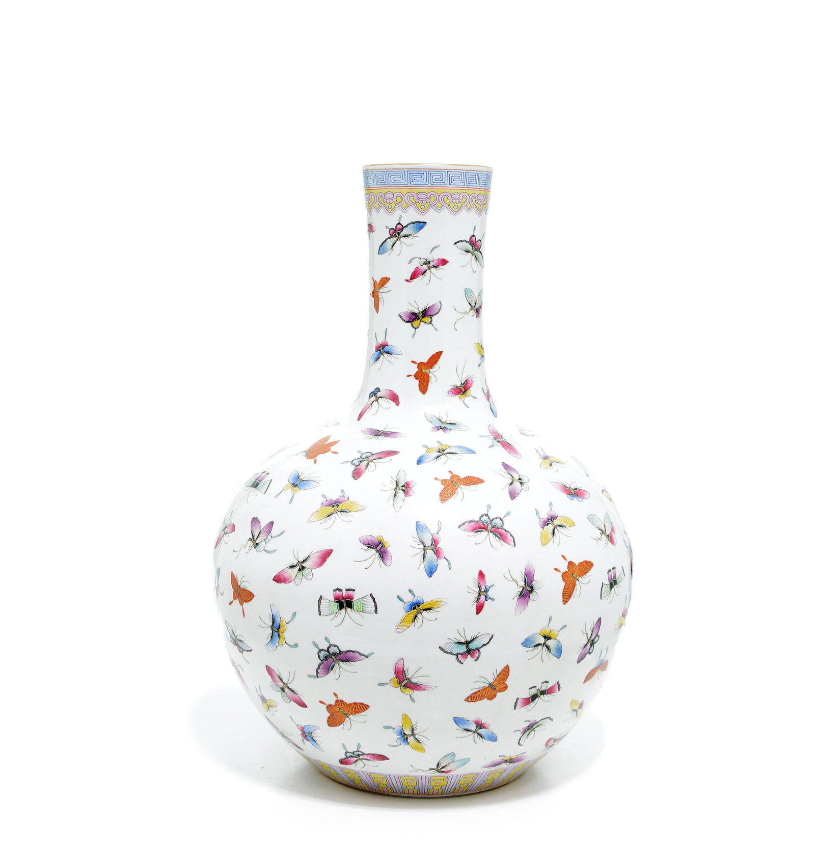Large and Fine Chinese Famille Rose Hundred-Butterfly Vase: Globular tianqiuping vase elegantly potted with a robust body rising to a tall, cylindrical neck, masterfully decorated in the famille rose palette. The exterior is vibrantly painted with a profusion 