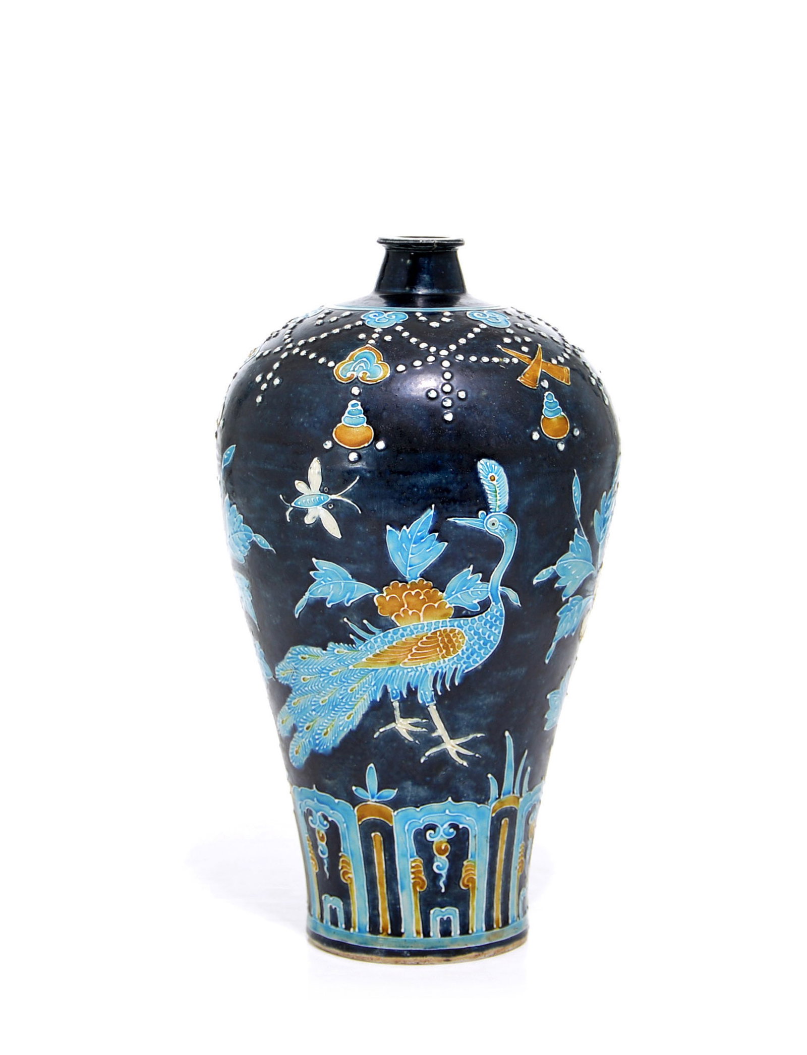 Chinese Fahua Peacock Meiping Vase: Meiping vase of elegant, tapering form, masterfully decorated in the fahua style against a deep cobalt blue ground. The central register depicts a magnificent peacock amidst flowering peonies and