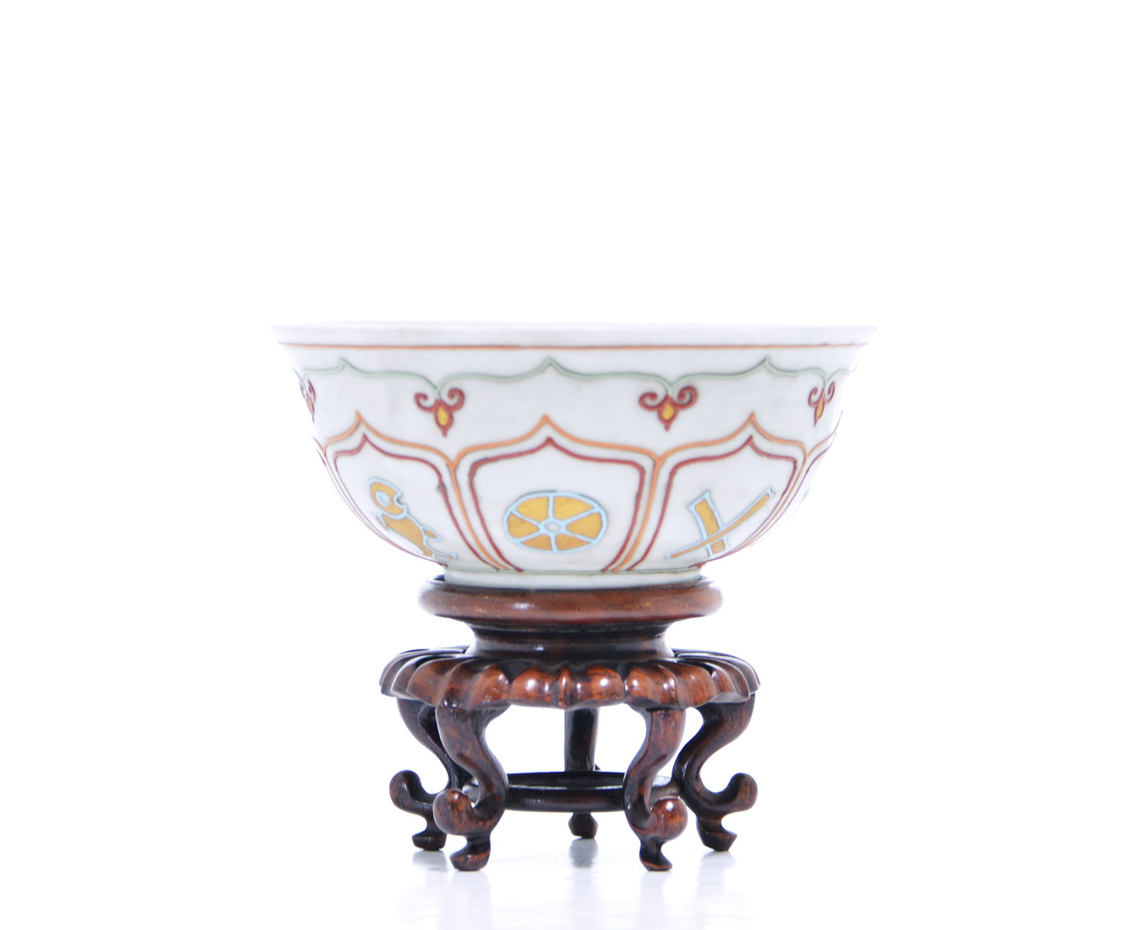 Extremely Rare Yuan-Style Chinese-Tibetan Bowl: Bowl of elegant rounded form with a flared rim, the exterior expertly decorated with a series of paneled lotus lappets. Each lappet encloses one of the Eight Buddhist Symbols, masterfully executed in