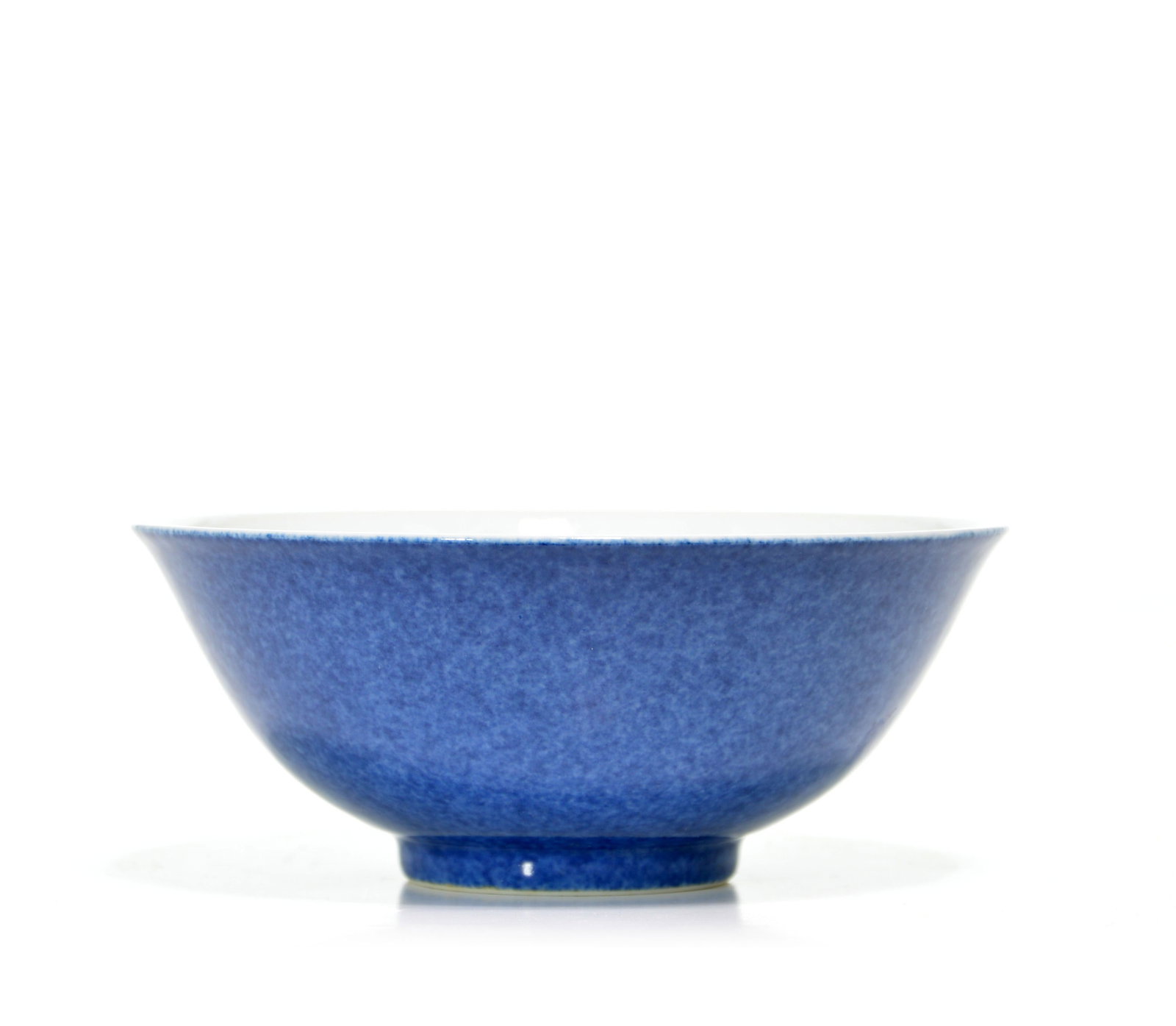 Rare Chinese 'Snowflake' Powder-Blue Porcelain Bowl: Bowl of elegant conical form, the exterior enveloped in a rich, mottled cobalt blue glaze of pleasing depth and texture. The interior is finished in a contrasting luminous white glaze, rising from a