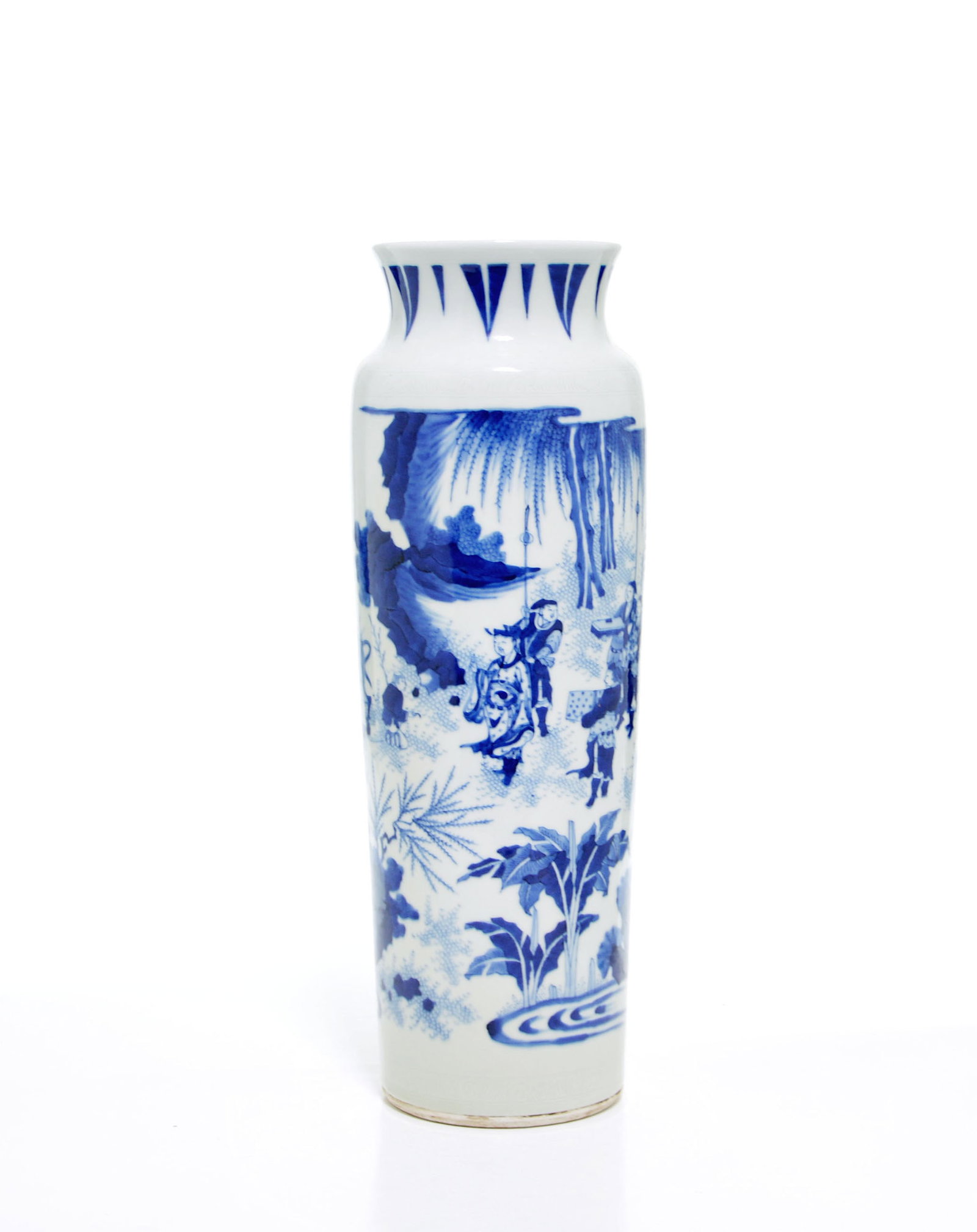Chinese Transition-Period Blue And White 'Sleeve' Vase: Vase of slender cylindrical form, exquisitely decorated in vibrant tones of underglaze blue with a narrative scene of scholars and attendants in a terraced garden. The figures are set within a