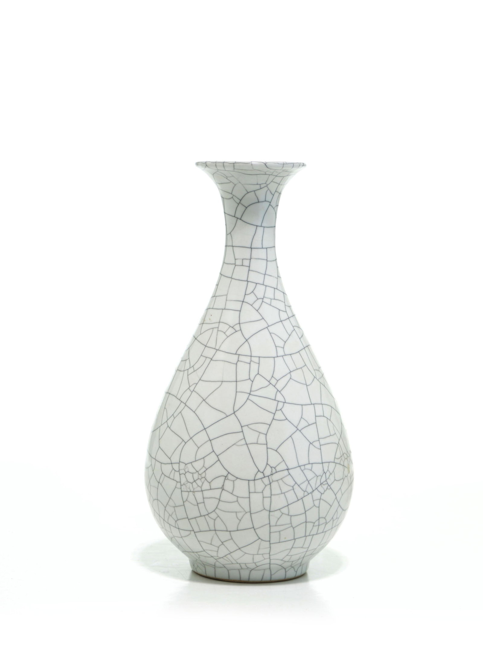Fine Chinese Guan-Type Vase: Vase of elegant pear-shaped form, the compressed globular body rising to a slender waisted neck and terminating in a flared rim. The exterior is covered in a lustrous, unctuous pale grey glaze,