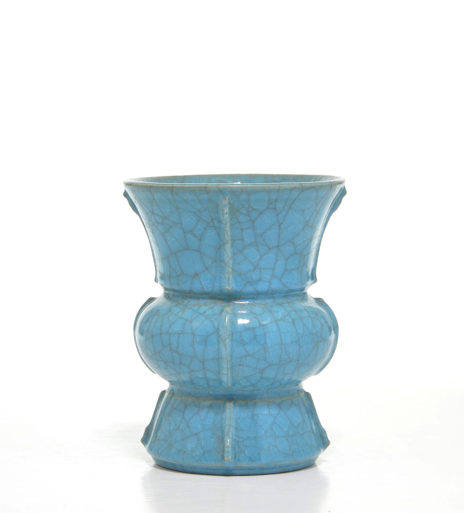 Chinese Ru-Type Crackle Glaze Vase: Vase of archaic 'Zun' form, the vessel is masterfully potted with a flared neck and a bulbous midsection, all supported by a wide spreading foot. The exterior is punctuated by vertical flanges and