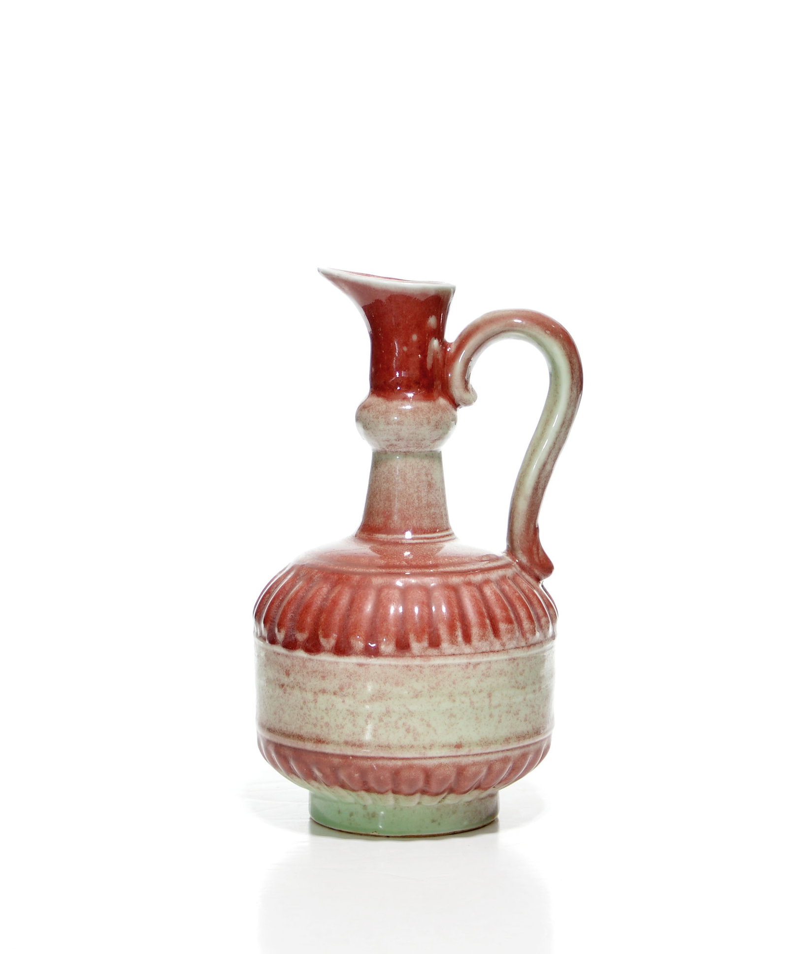 Fine Chinese Flambe Glazed Porcelain Ewer: Ceramic ewer of compressed globular form, the body elegantly molded with vertical fluting and finished in a variegated glaze of mottled red and pale celadon green. The tall, waisted neck features a
