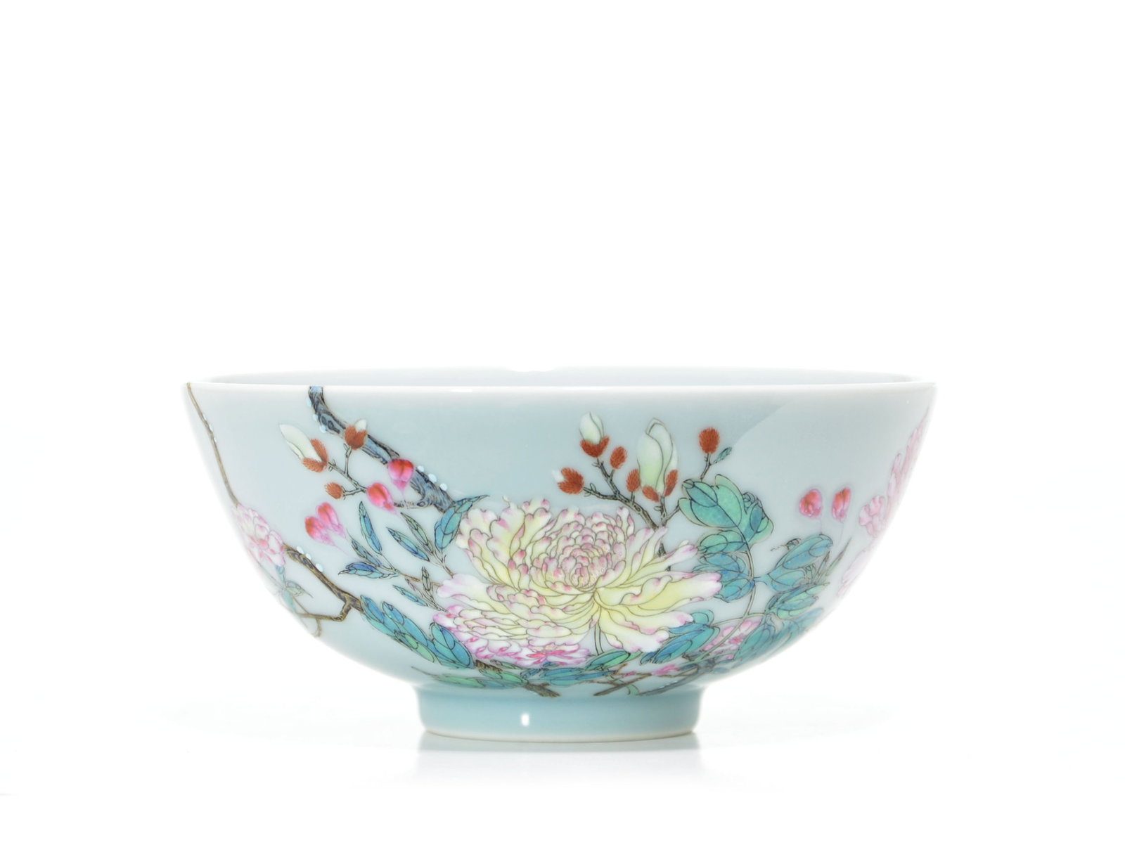 Very Fine Chinese Famille Rose 'Peony' Bowl: Bowl of hemispherical form, the exterior exquisitely decorated with a lush array of flowering peonies and branches set against a luminous pale-blue glaze. A pair of delicately rendered butterflies