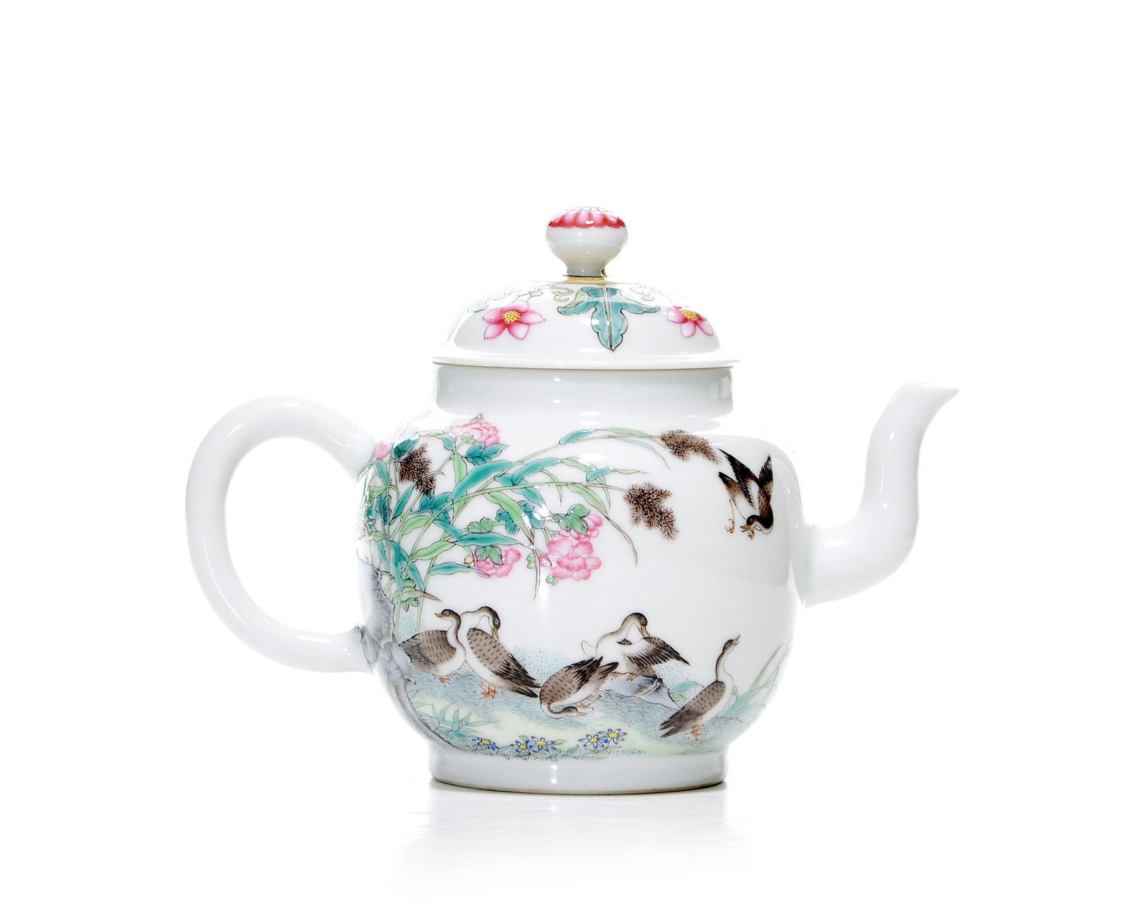 Very Fine and Rare Chinese Famille Rose 'Geese' Teapot: Teapot of elegant globular form, meticulously painted in vibrant enamels with a continuous scene of geese amongst riverside reeds and flowering shrubs. The reverse is further embellished with a poetic