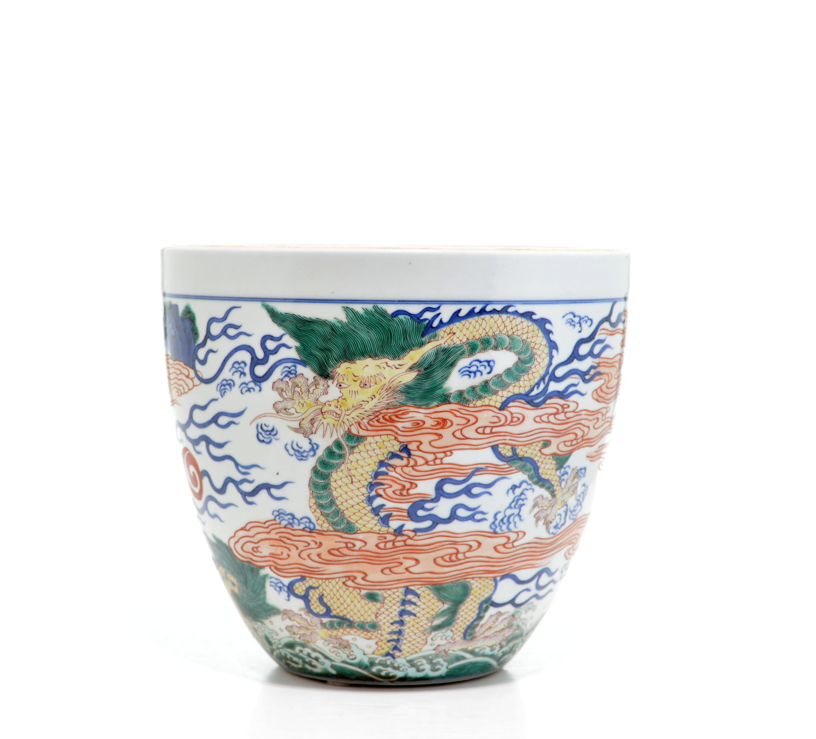 Rare Chinese Chongzhen-Style 'Dragon' Bowl: Of deep, rounded form is vibrantly decorated in a palette of underglaze blue and overglaze enamels with powerful dragons amidst stylized clouds and cresting waves. The mythical beasts are meticulously