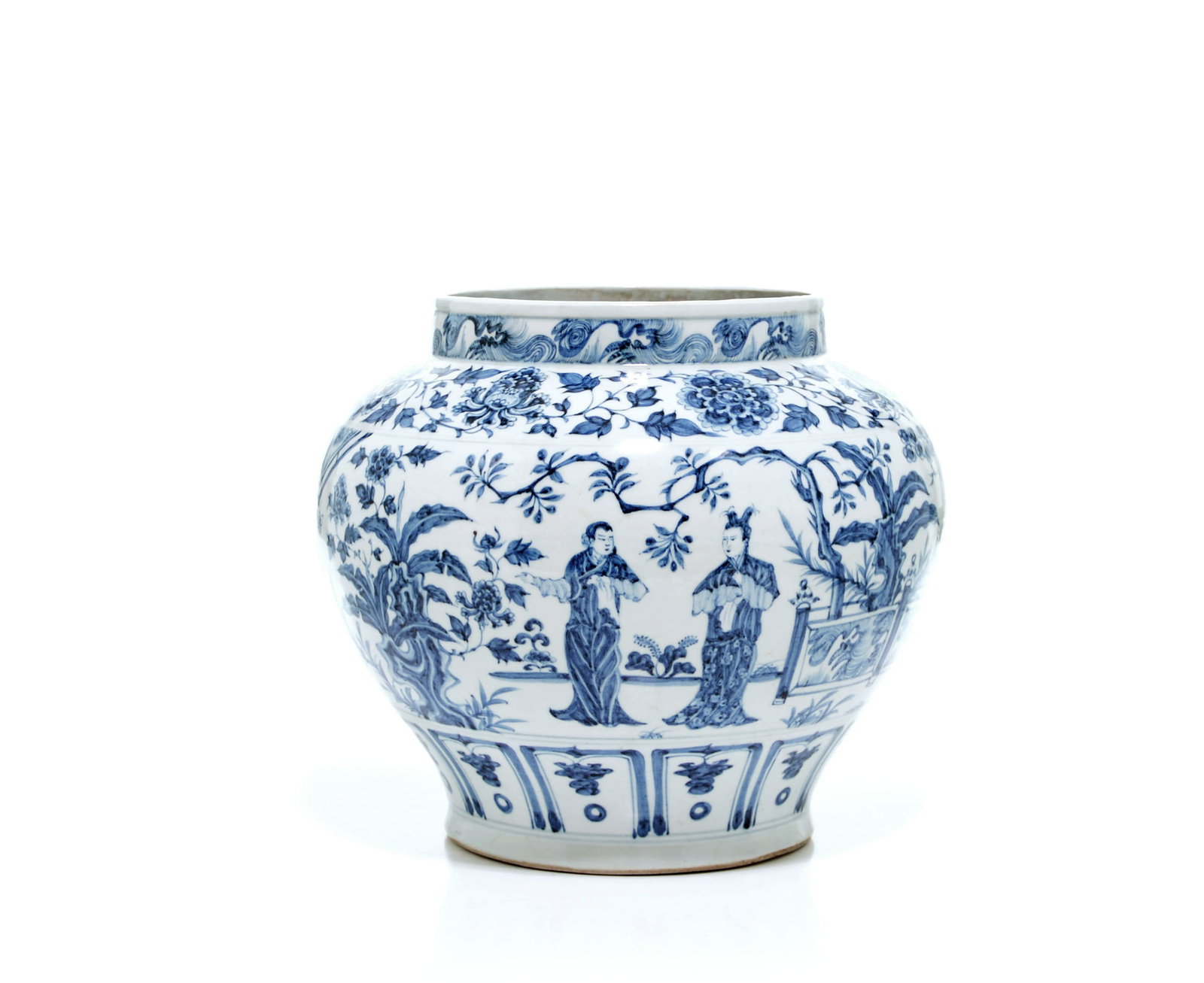 Fine Chinese Yuan-Style Blue And White 'Jinxiangting' Jar: Vase of robust globular form, meticulously painted in vibrant shades of cobalt blue with a narrative scene depicting figures within a lush garden landscape. The central register is bordered by a band 