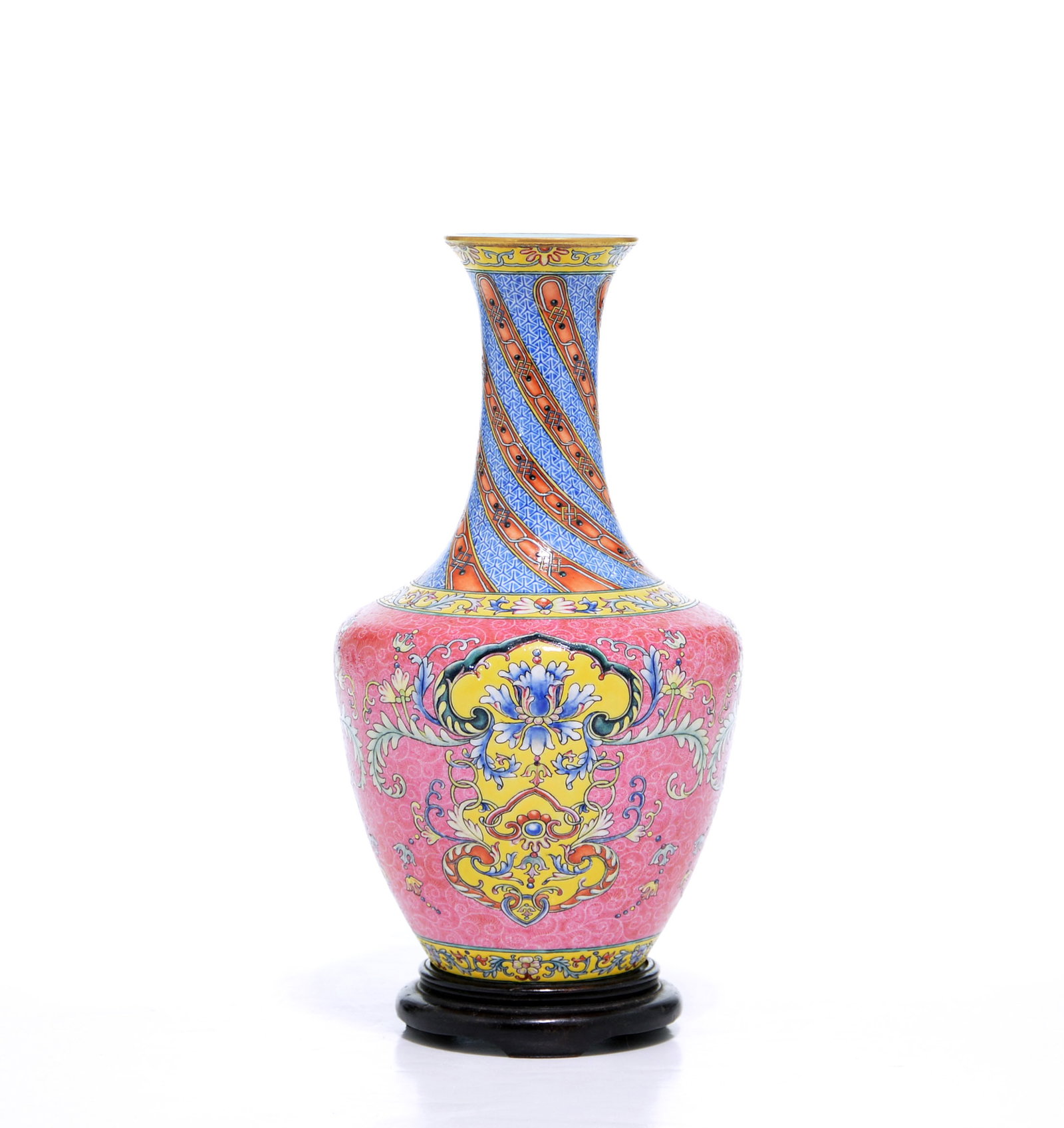 Very Fine Chinese Falangcai-Style Enamel Vase: Vase of elegant baluster form, the body brilliantly decorated with a dense ground of pink enamel sgraffito floral scrolls interrupted by large, scalloped cartouches containing lush botanical sprays. T