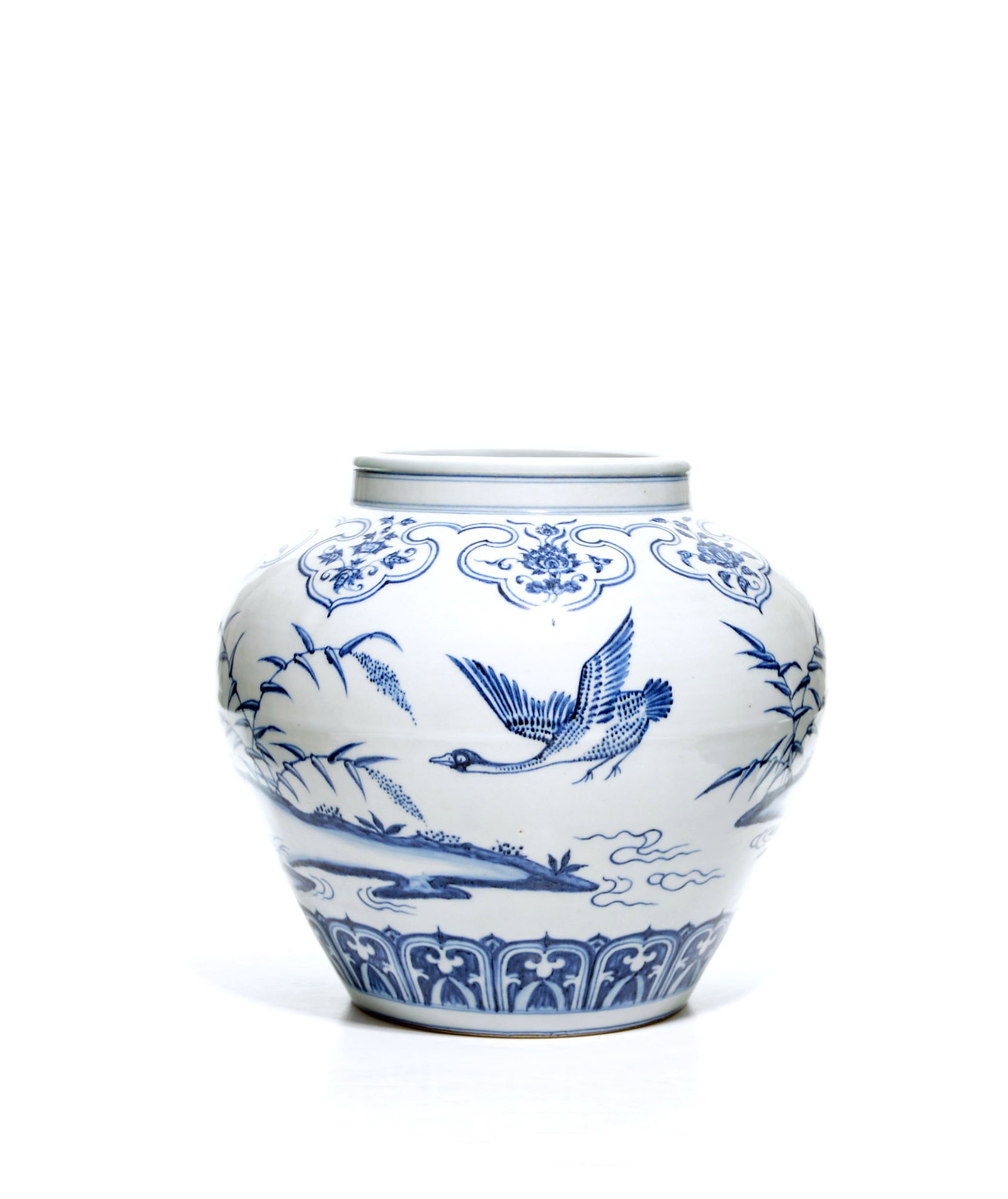 Rare Chinese Yongle-Style Blue and White 'Geese' Jar: Finely painted in underglaze blue, the jar depicts a continuous narrative of wild geese in their four rhythmic states of existence: soaring in flight, resonant in call, foraging the marshlands, and se