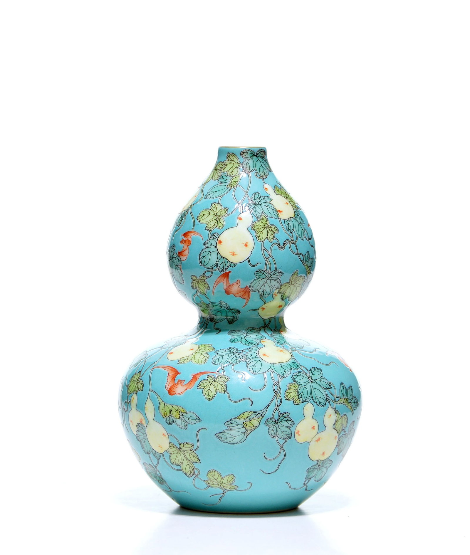 Chinese Famille Rose Double Gourd Vase: Double-gourd vase meticulously decorated in a palette of famille rose enamels with a continuous scroll of fruiting gourd vines and iron-red bats against a brilliant turquoise ground. The two globular 