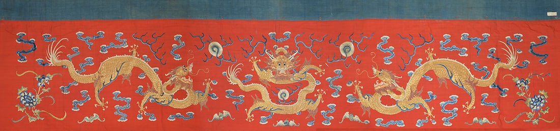 Magnificent Chinese Imperial Embroidery 'Dragon' Banner: This long imperial banner is masterfully embroidered with three powerful, five-clawed golden dragons chasing flaming pearls amidst a sea of roiling clouds and auspicious bats. The central frontal drag