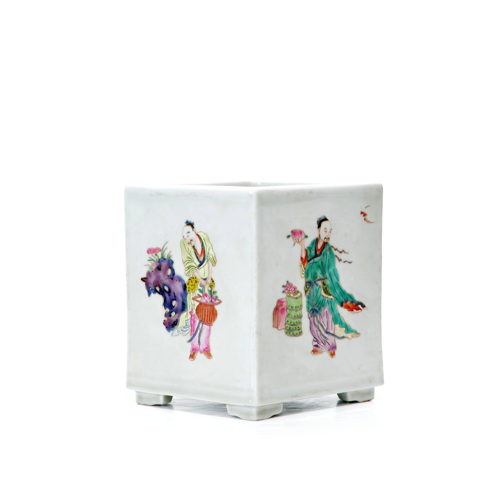 Chinese Yongzheng-Style Famille Rose Brush Pot: Brush pot of square section, supported on four bracket feet, exquisitely decorated in polychrome enamels with various immortal figures. Each panel depicts figures in traditional dress engaged in auspi