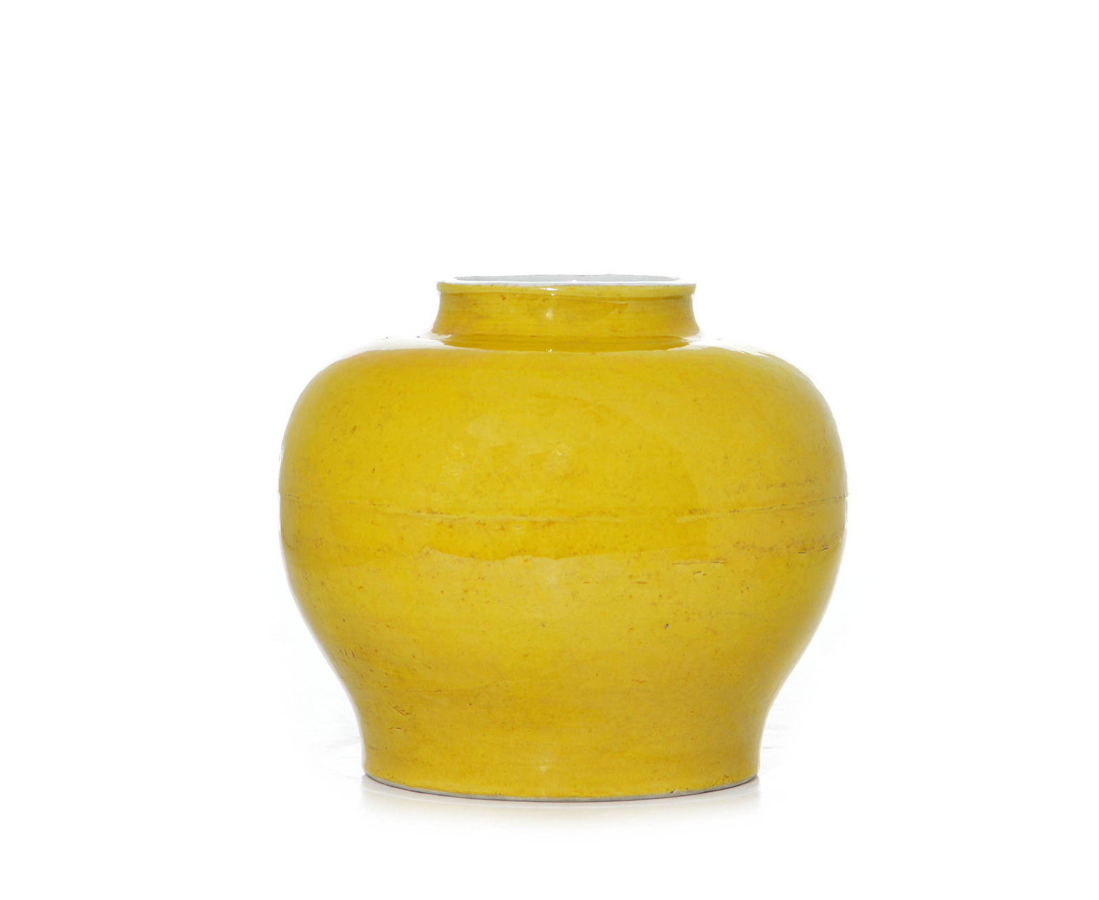 Fine Chinese Yellow-Glaze Porcelain Jar: Yellow glazed ceramic jar featuring a wide, rounded body and a short, straight neck. The exterior surface shows a consistent yellow color with subtle surface variations and a faint horizontal seam. Ji