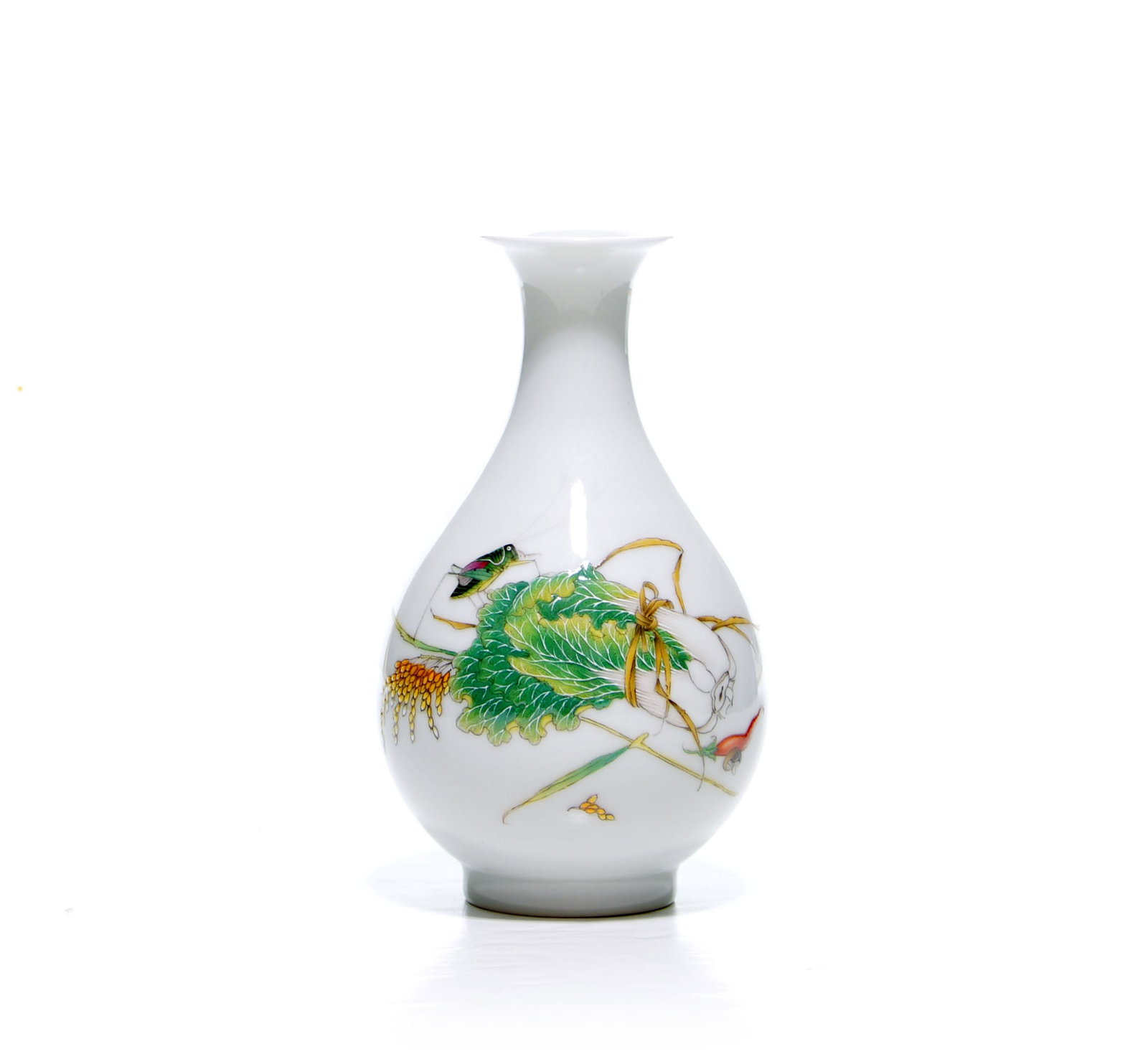 Fine Chinese Falangcai-Style 'GIUSEPPE CASTIGLIONE' Vase: White porcelain vase features a teardrop-shaped body decorated with a green cabbage, yellow grains, and small insects. The back includes black calligraphy with red seals, and the bottom shows a blue m