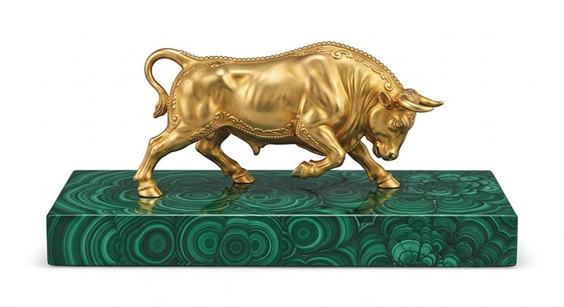Bronze Desk Ornament: An ornate gilded bronze desk ornament, modeled as a miniature bull charging on rock and set upon a rectangular base of perfect malachite. The malachite base exhibits complex, rich green concentric