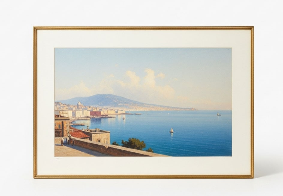 Watercolor Paint: Depicting a panoramic view of Naples from the sea 23 x 15 cm