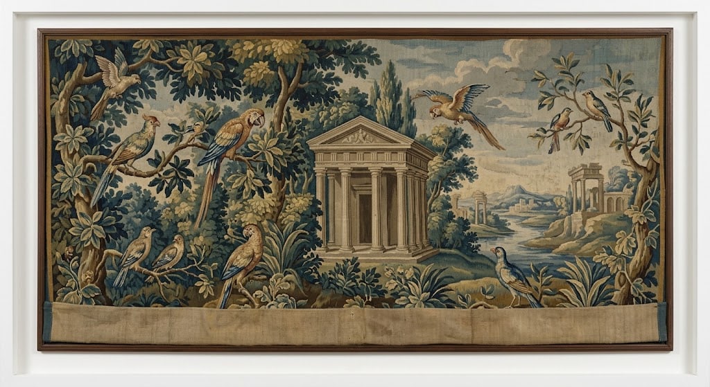 Framed Wool and Silk Tapestry: Decorated with various birds, parrots, and a Greco-Roman temple, 18th century. L: 45 cm