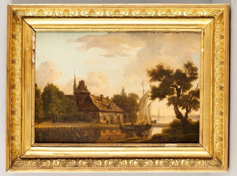 Framed Paint: Scene of village, OC. 23 x 15 cm