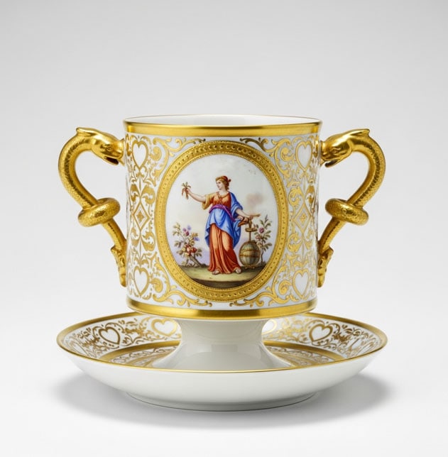 Porcelain Cup Set: An exceptional Vienna porcelain cylindrical cup and saucer, circa 1810, featuring a finely painted bistre medallion and striking gilded serpent-form handles.