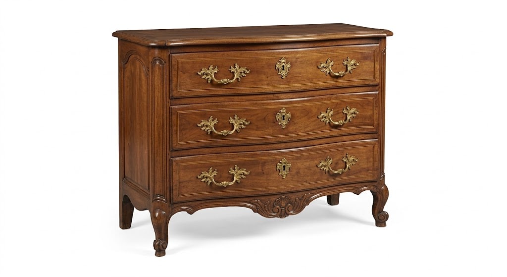 Walnut Chest: A molded and carved walnut chest; slightly arched in shape, it opens with three drawers in three rows, each adorned with a molded stringcourse; molded uprights; cabriole legs with scrolls.
